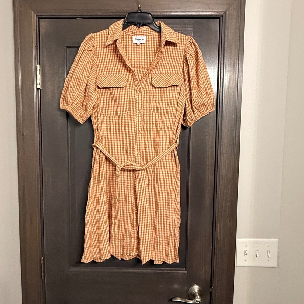 French Paris Gingham Seersucker‎ Shirt Dress Mini Puff Sleeve Belted M